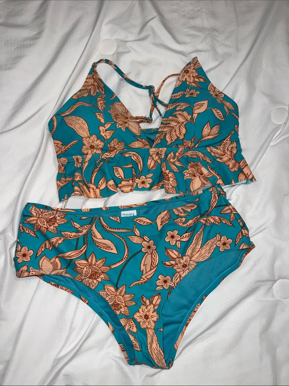 Time and Tru Teal and Tan Floral Two-Piece Bikini